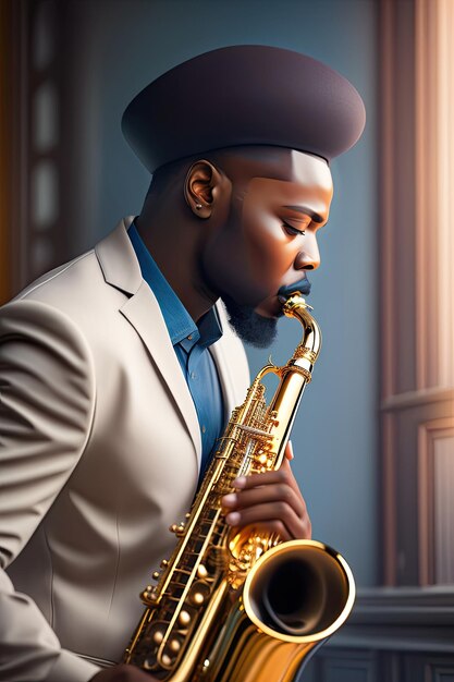 Un homme joue du saxophone avec un chapeau.