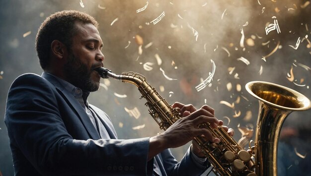 un homme joue du saxophone avec les mots jazz sur le dessus