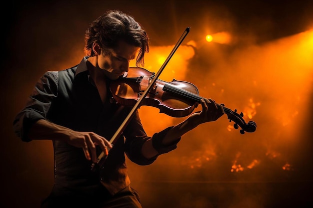 Un homme joue du violon devant un fond brûlant.