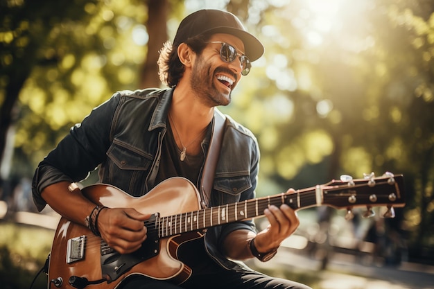 Un homme joue de la guitare acoustique dans un parc