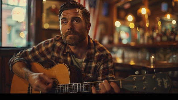 Photo un homme joue de la guitare dans un bar.