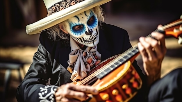 Un homme joue de la guitare le jour des morts Mexico Generative AI