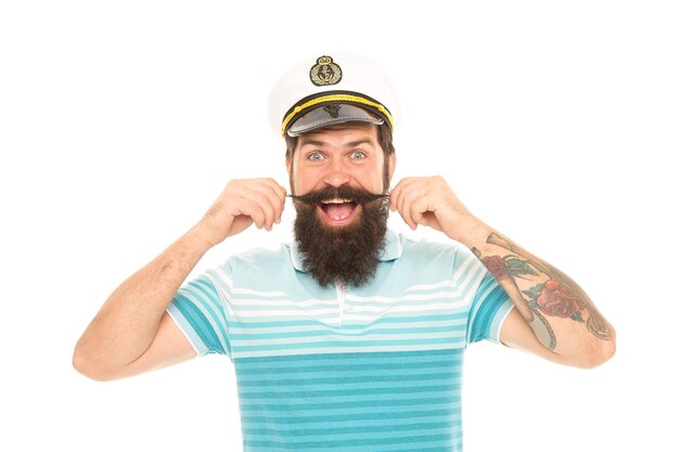 Homme joyeux capitaine marin chapeau voyage autour du monde, concept de l'envie de voyager.