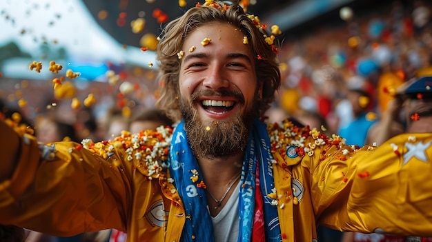 Homme joyeux célébrant lors d'un événement sportif des confettis dans l'air capturant l'excitation de la victoire AI