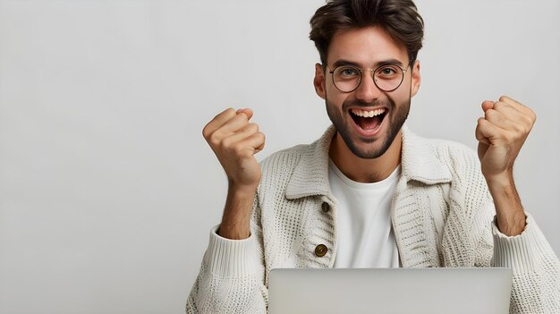 Un homme joyeux célèbre la victoire avec un ordinateur portable Concept Style de vie Technologie Célébration Succès Énergie positive