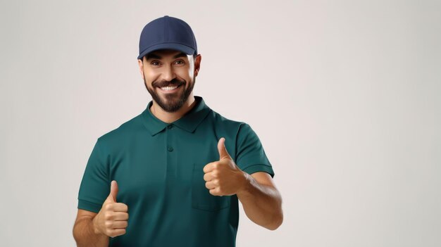 Homme joyeux dans une chemise polo bleue et une casquette donnant un pouce probablement représentant un professionnel du service de livraison amical et accessible