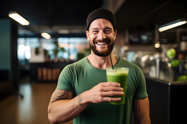 Un homme joyeux exposant son smoothie vert nutritif intact à la salle de sport Concept Nutrition Vie saine Exercice Routine Fitness Inspiration Snack après l'entraînement