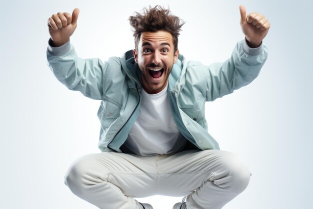 Un homme joyeux fête avec le pouce en l'air