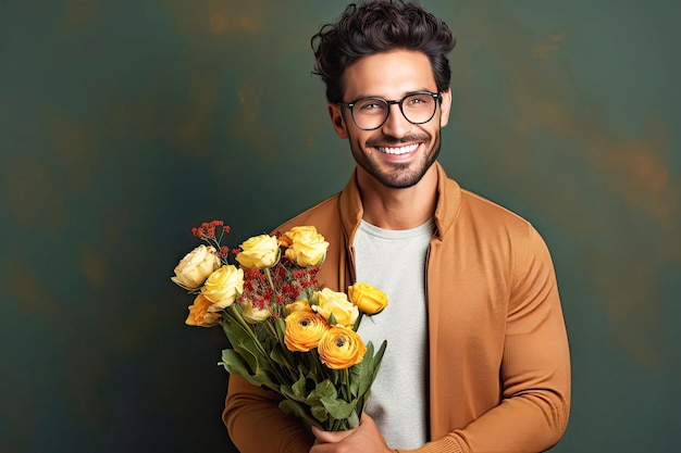 Un homme joyeux avec des fleurs dans des verres a un sourire blanc comme la neige