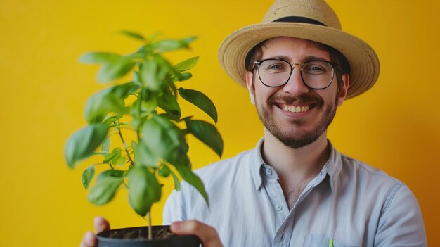 Un homme joyeux avec des lunettes et un chapeau de fedora tient tendrement une jeune plante en pot