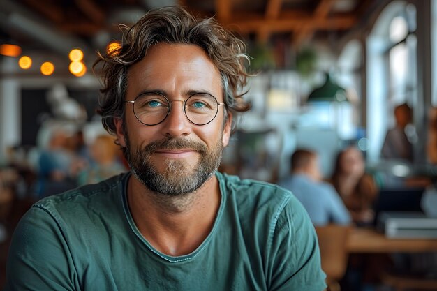 Un homme joyeux avec des lunettes et un t-shirt vert sourit à la caméra assis dans un bureau moderne