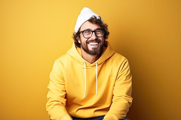 Un homme joyeux portant des lunettes a un sourire blanc comme la neige sur un fond coloré