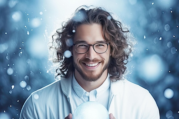 Un homme joyeux portant des lunettes a un sourire blanc comme la neige sur un fond coloré