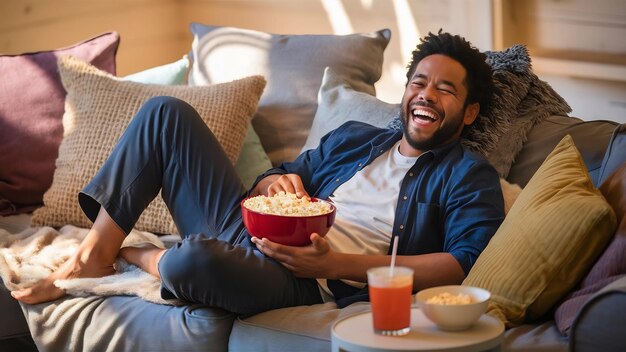 Photo un homme joyeux regardant la télévision sur le canapé.