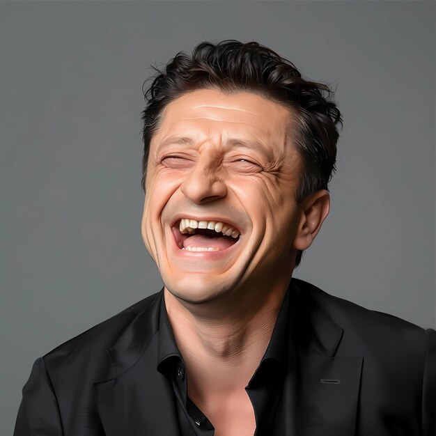 Photo un homme joyeux riant en chemise noire avec un sourire sincère