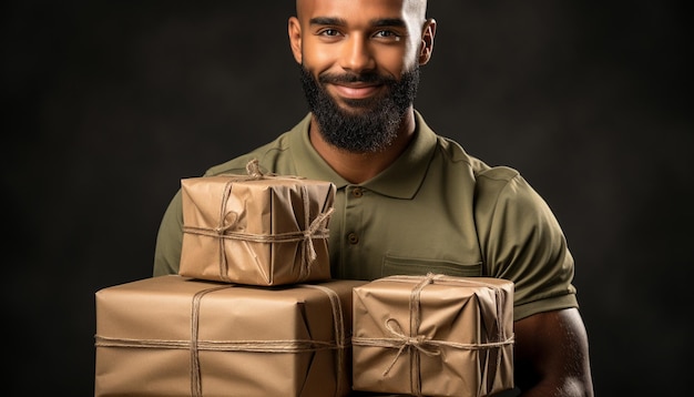 Un homme joyeux tenant une boîte à cadeaux qui a l'air confiant et heureux généré par l'IA