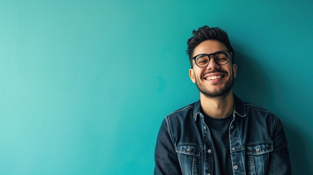 Homme joyeux en veste en jean sur fond turquoise