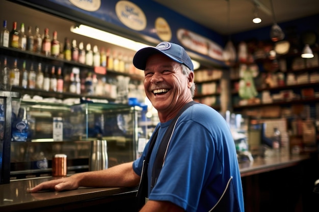 Un homme joyeux vêtu d'un uniforme bleu rayonne de satisfaction alors qu'il se tient debout dans un magasin d'alcool