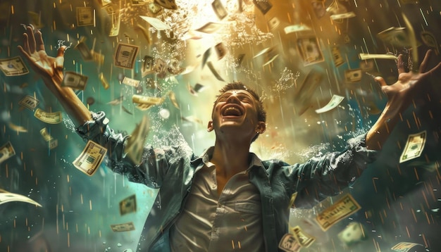 Un homme jubilant avec une pluie d'argent qui tombe