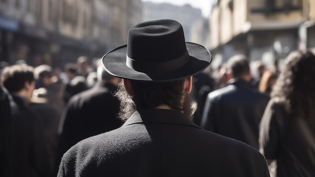 Homme juif orthodoxe marchant dans les rues d'Israël en tenue traditionnelle