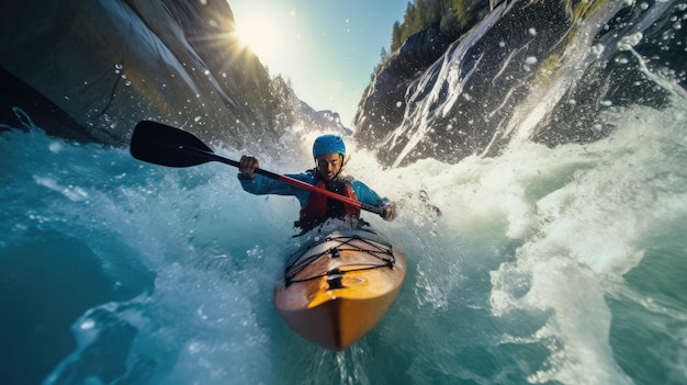 Un homme en kayak pagaie dans une rivière.