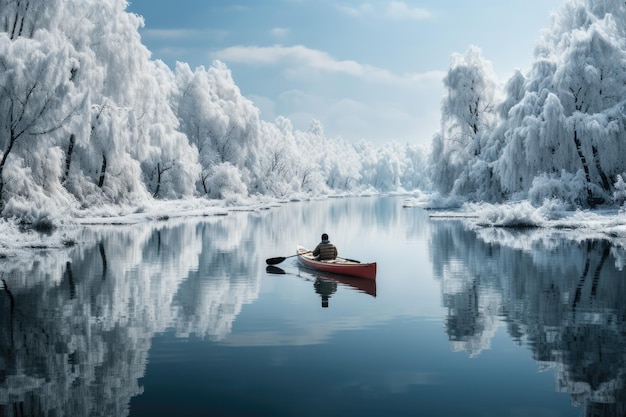 Un homme en kayak paisiblement sur un lac enneigé concept de hygge