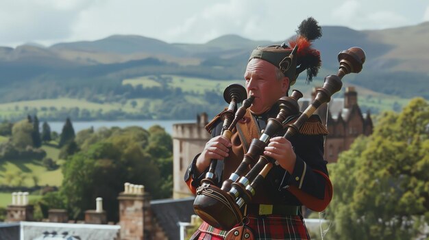 Photo un homme en kilt jouant de la cornemuse dans les highlands écossais