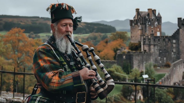 Photo un homme en kilt jouant de la cornemuse devant un château écossais