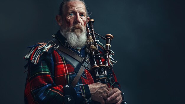 Photo un homme en kilt jouant de la cornemuse il porte un kilt écossais traditionnel et un sporran et se tient devant un fond sombre