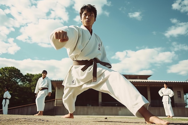 Un homme en kimono blanc avec une ceinture noire pratique le karaté.