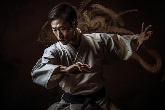 Un homme en kimono blanc avec le mot kung fu sur le devant.