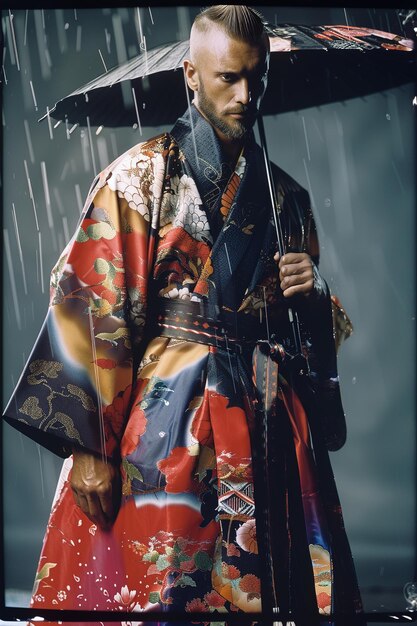 Photo un homme en kimono avec un parapluie sous la pluie