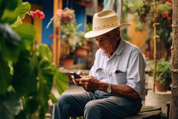 Homme latina mature en chapeau de paille tenant un téléphone portable et souriant dans la rue