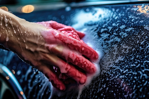 Photo un homme lavant sa voiture en mettant l'accent sur ses mains et l'éponge savonneuse. generative ai