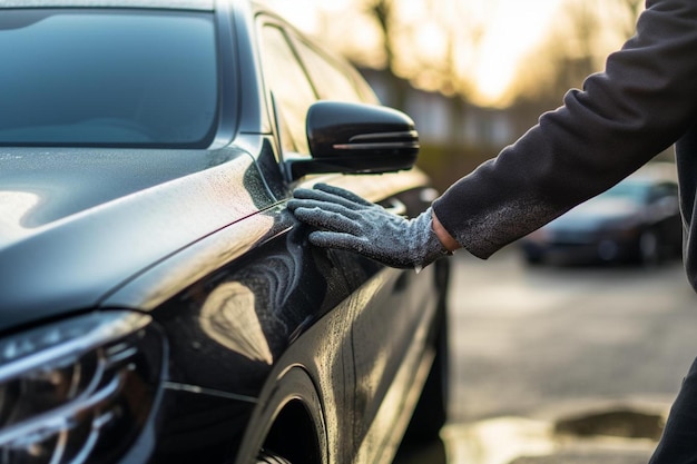un homme lavant une voiture avec une main gantée