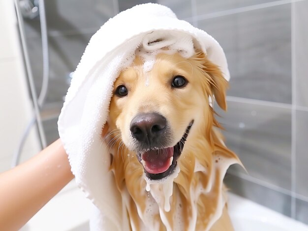 un homme lave un chien dans un bain de mousse à l'intérieur