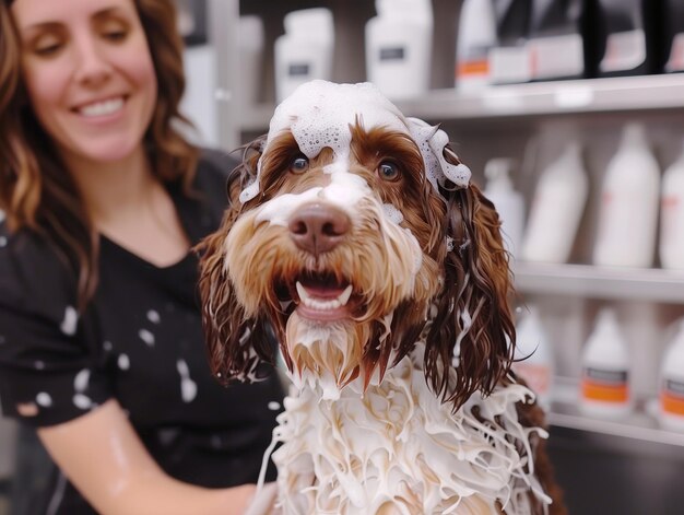 un homme lave un chien dans un bain de mousse à l'intérieur