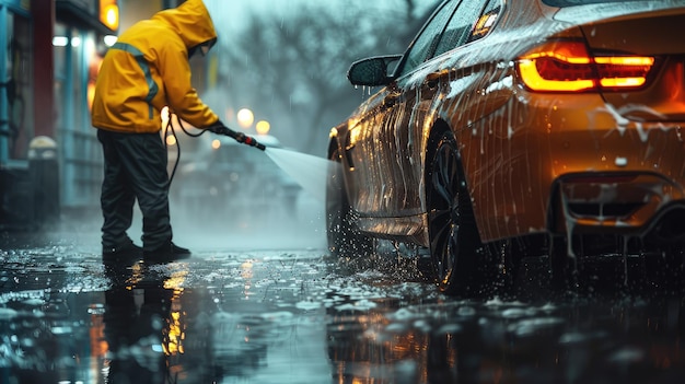 Un homme lave sa voiture avec de l'eau pulvérisée d'un lave-auto à haute pression.