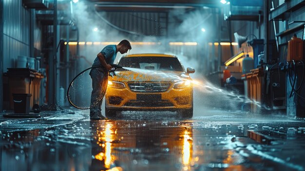 Un homme lave sa voiture avec de l'eau pulvérisée d'un lave-auto à haute pression.