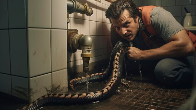 Photo un homme lave un serpent dans une salle de bain