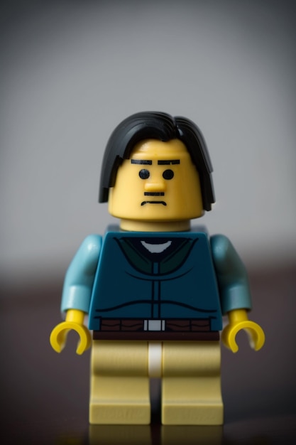 Photo homme lego aux cheveux noirs et chemise bleue debout sur une table ai générative