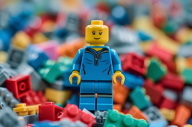 Photo un homme de lego debout dans une pile de blocs de lego