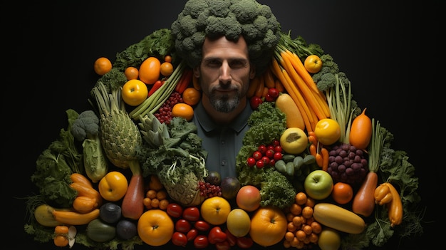 Un homme avec des légumes sur la table.