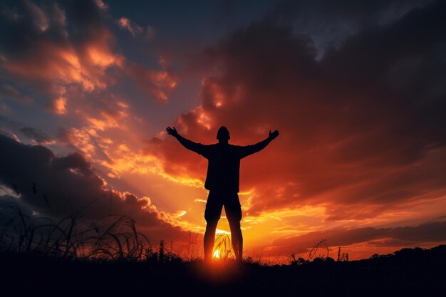 L'homme a levé les mains vers l'IA générative du ciel coucher de soleil orange