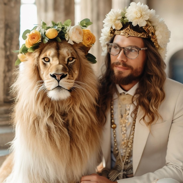 Photo un homme avec un lion portant une couronne de fleurs