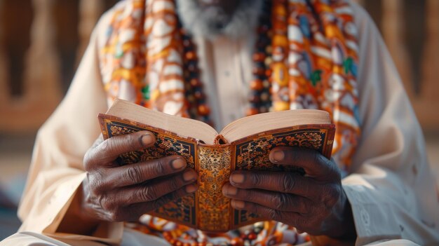 Un homme lisant le Coran avec des perles à la main pendant le Ramadan