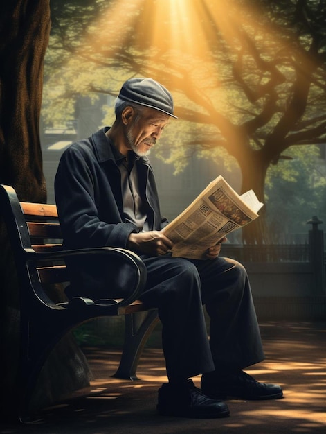 un homme lisant un journal dans un parc avec un arbre en arrière-plan.