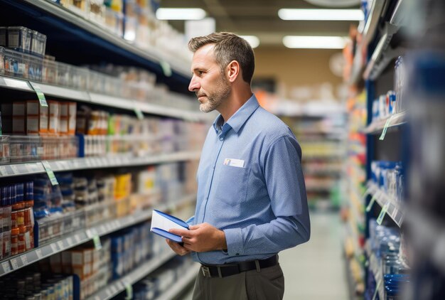 Un homme lisant un livre dans l’allée d’une épicerie