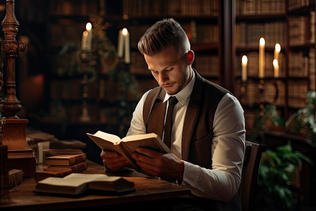 homme lisant un livre dans une bibliothèque avec des bougies en arrière-plan.