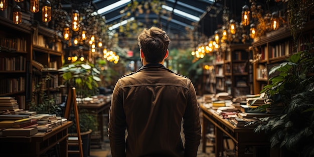 Un homme lisant un livre dans la bibliothèque Une vue arrière de l'homme